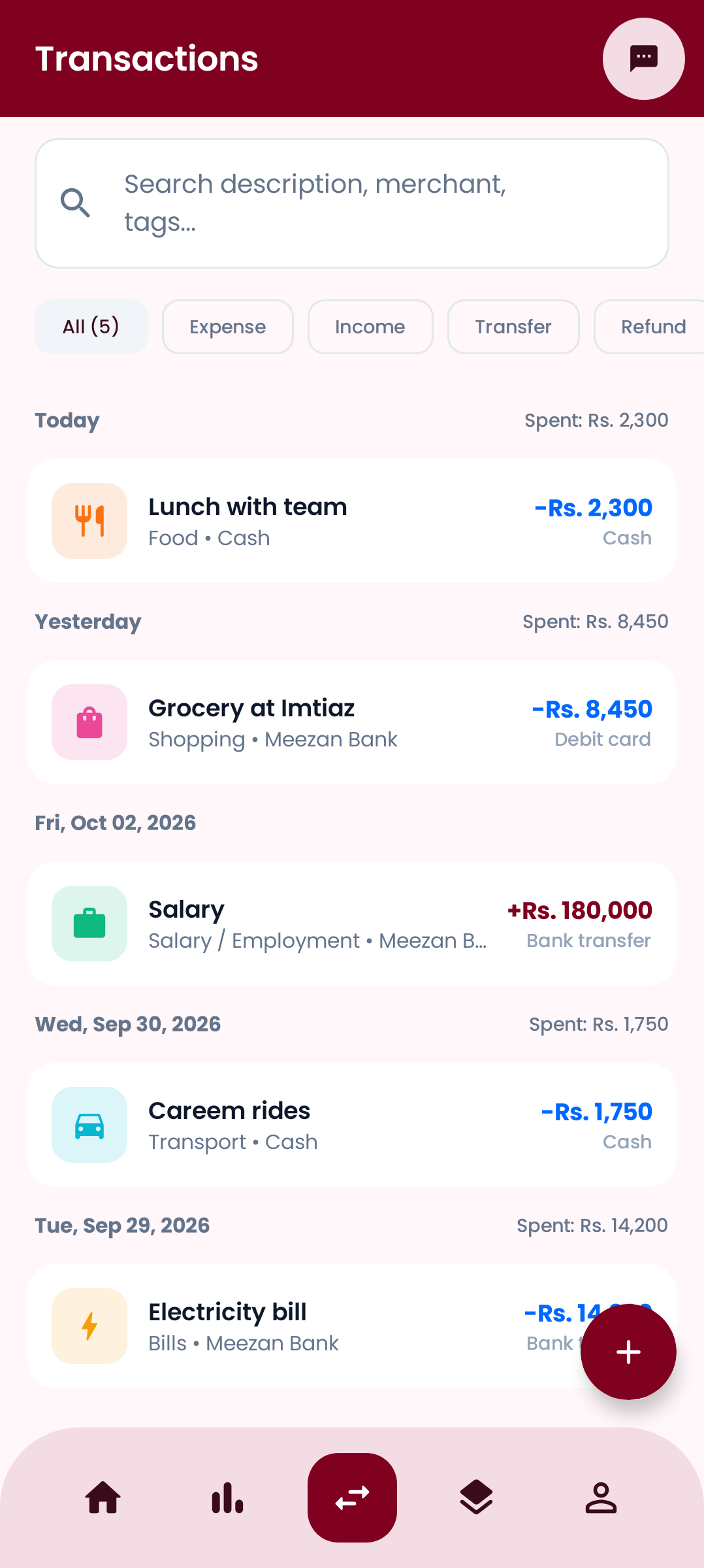 EasyFinance transactions screen
