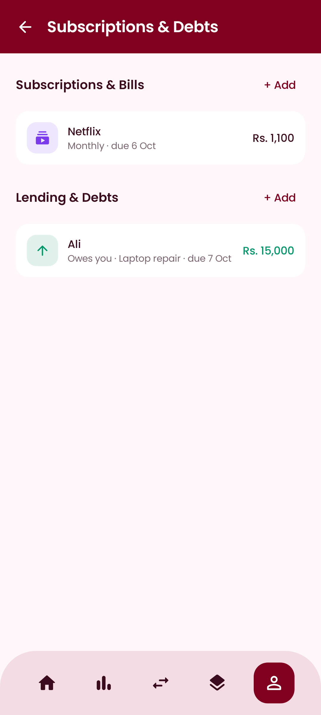 Subscriptions and debts