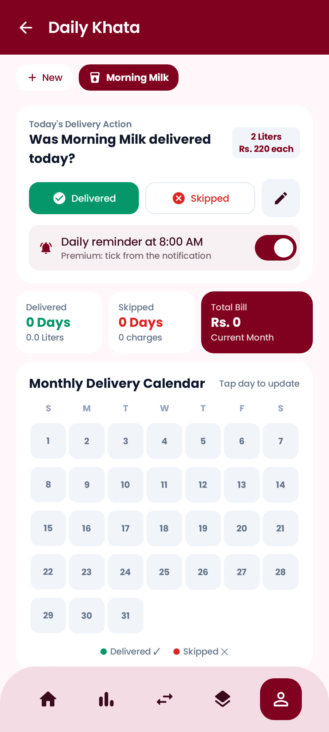 Daily Khata with monthly calendar