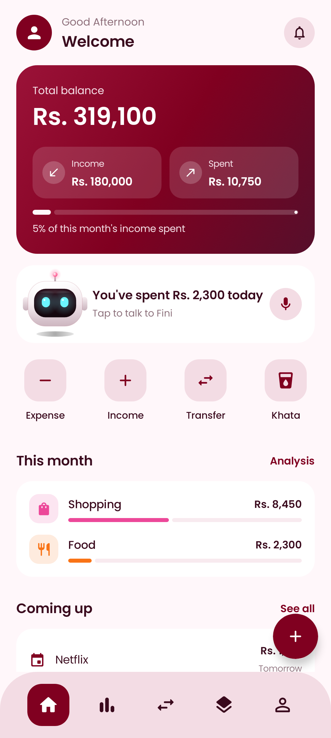 EasyFinance home screen