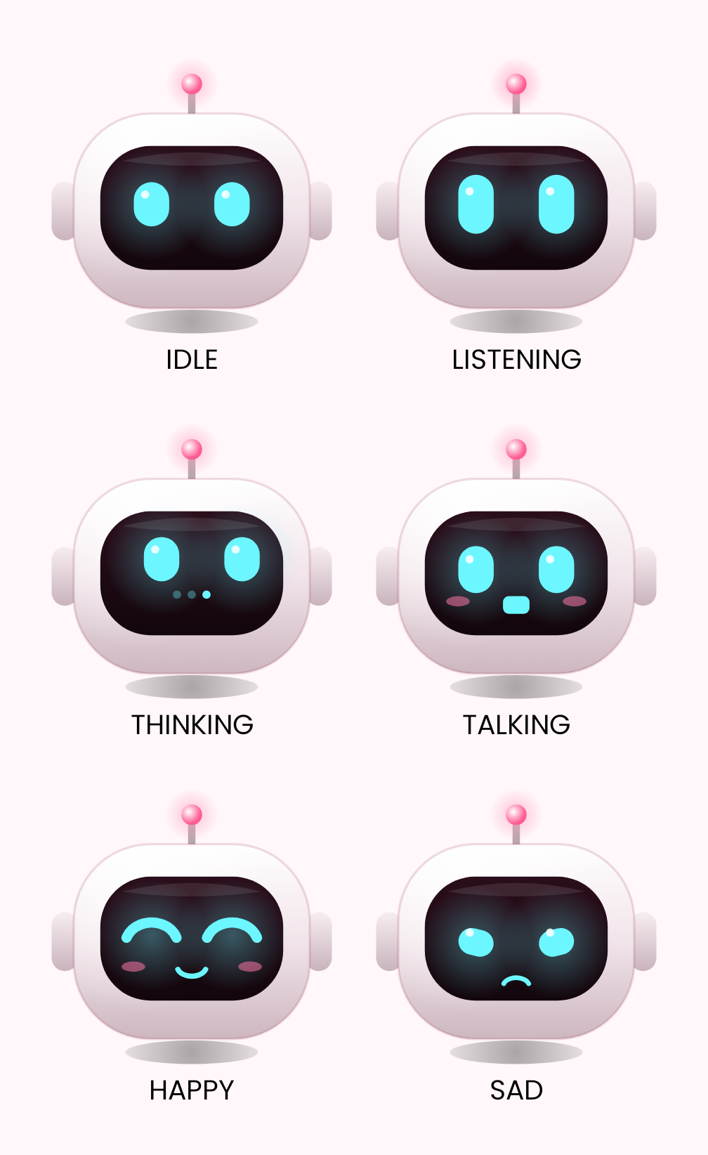 Fini the robot companion showing different expressions