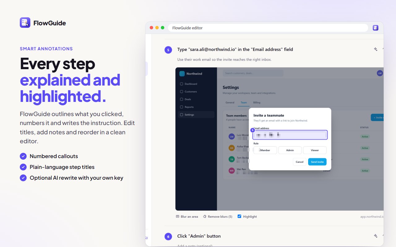 The FlowGuide editor with an annotated, numbered step