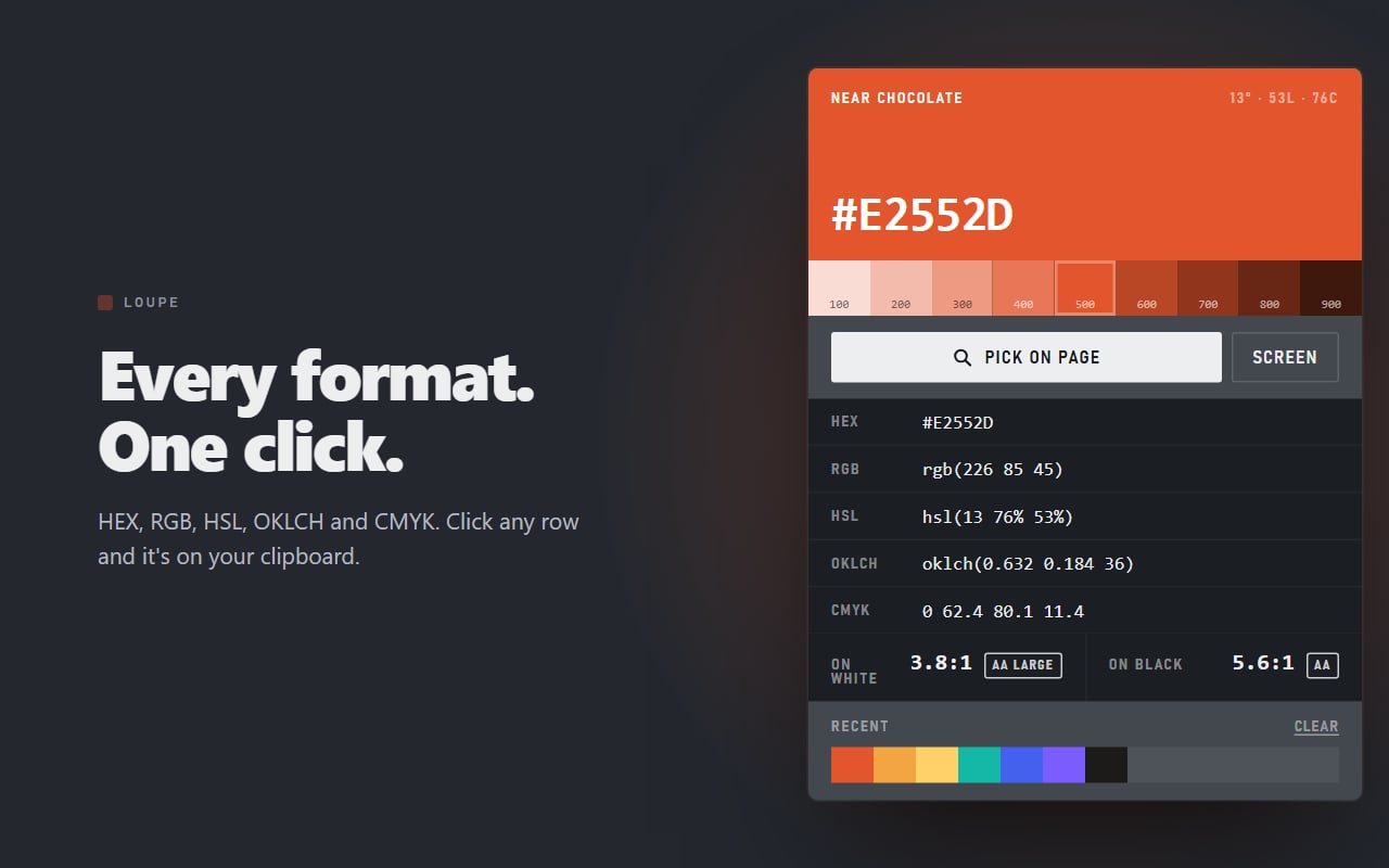 The Loupe popup showing a colour in HEX, RGB, HSL, OKLCH and CMYK