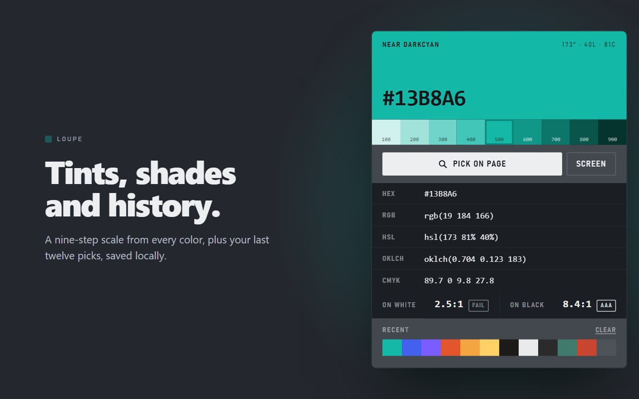 Loupe tints and shades scale with the recent colours strip